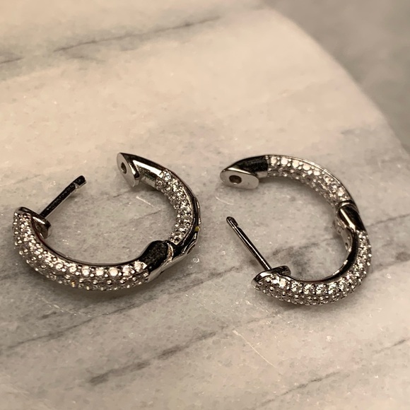 Sterling Silver Huggie Earrings With CZ Stones. Small Hoops - Picture 4 of 6